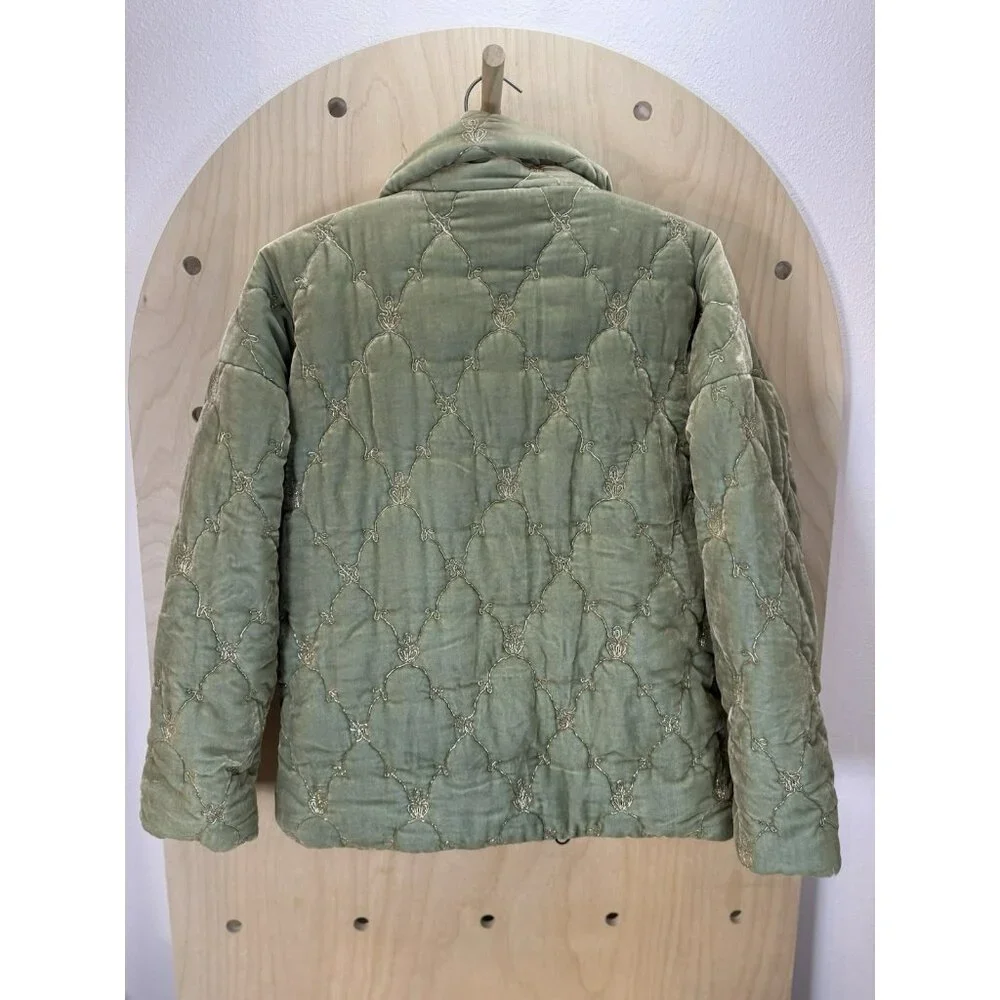 EUC Johnny Was Zaelia Lux Quilted Velvet Puffer Mint Green Coat Gold Trim XS/S - Picture 10 of 16